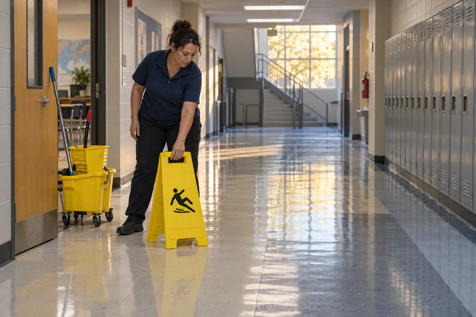A school custodian setting a yellow caution sign at the end of a corridor mopped on one side, the other side left dry.