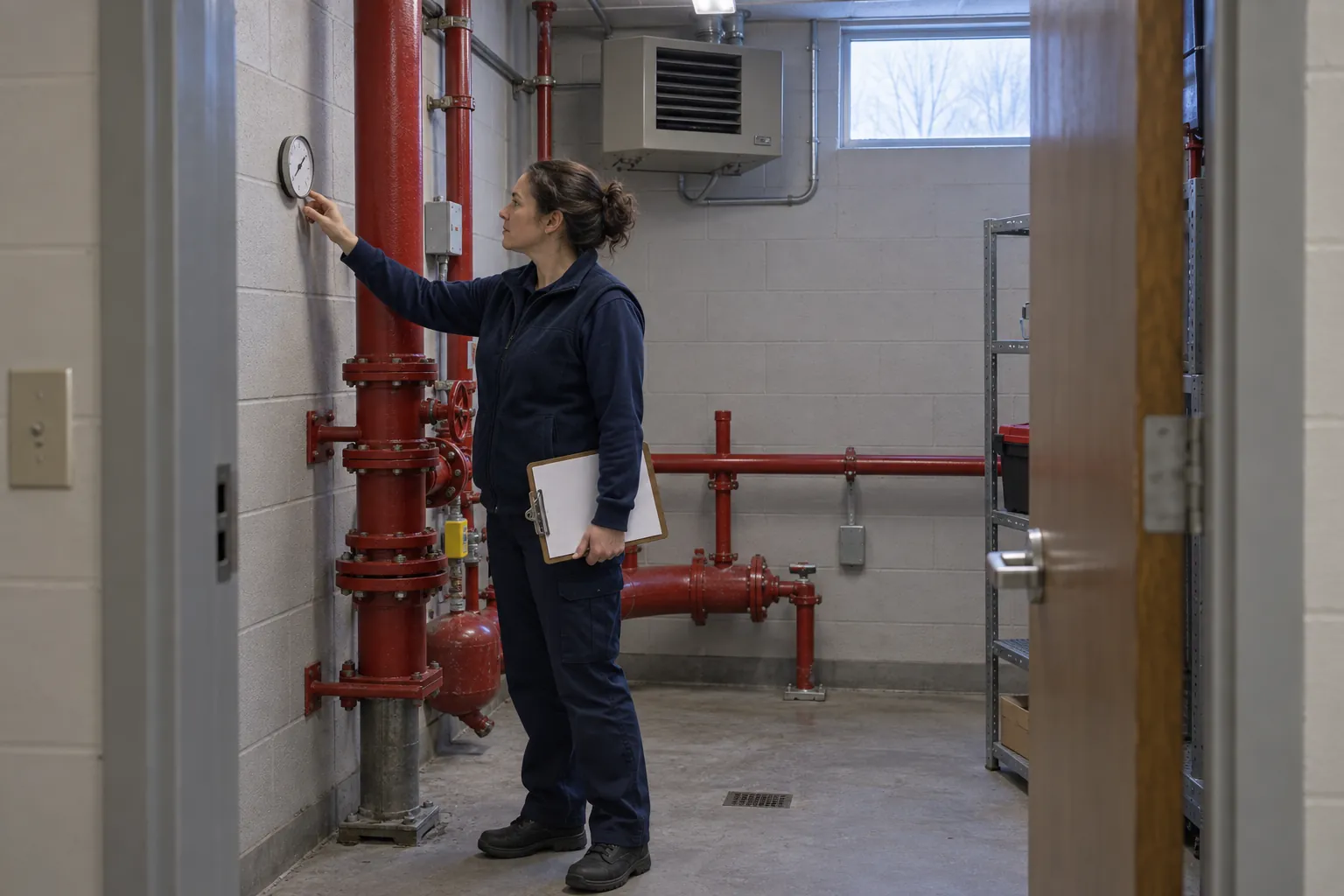 A maintenance worker in a school sprinkler riser room reading a wall thermometer beside red sprinkler piping and a unit heater.