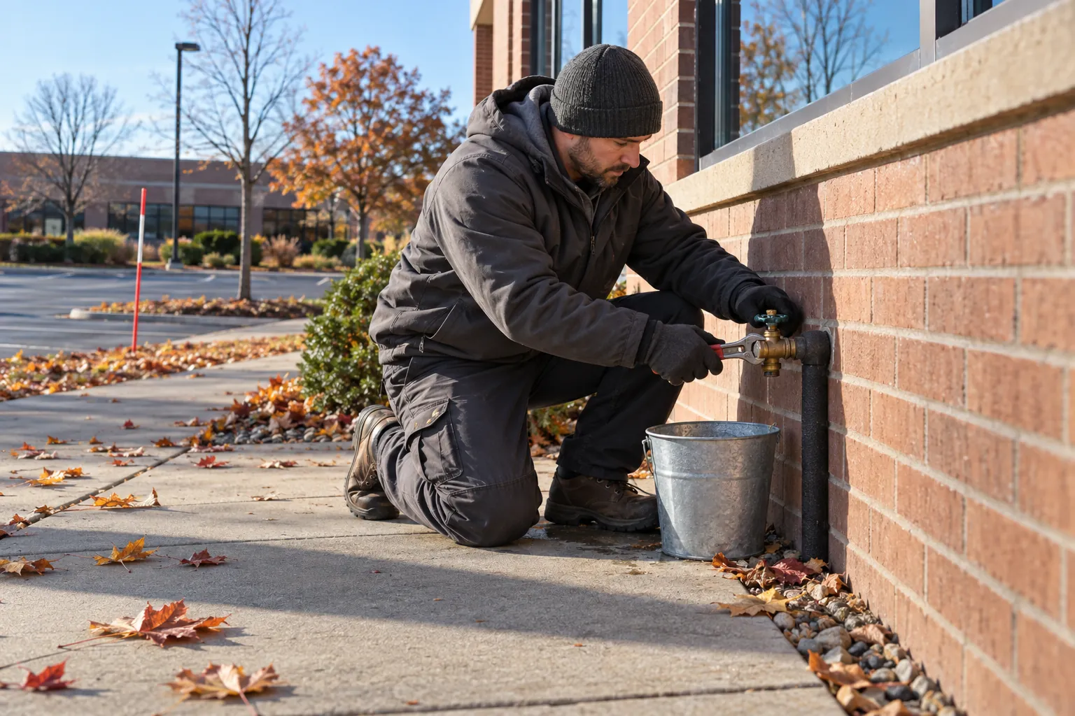A building engineer kneeling at an outside brick wall of an office building, closing a drained hose bibb with a wrench on a cold fall morning.