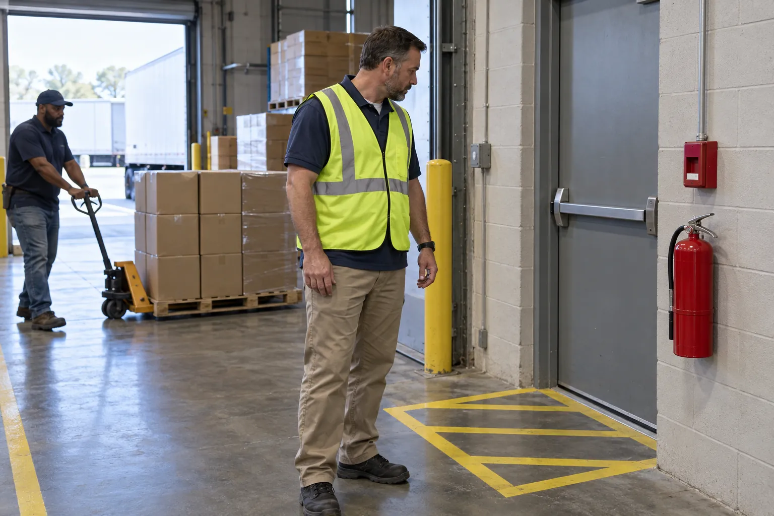A shift lead checking a fire extinguisher and pull station in a store's loading area while a colleague moves a pallet jack clear of the exit.