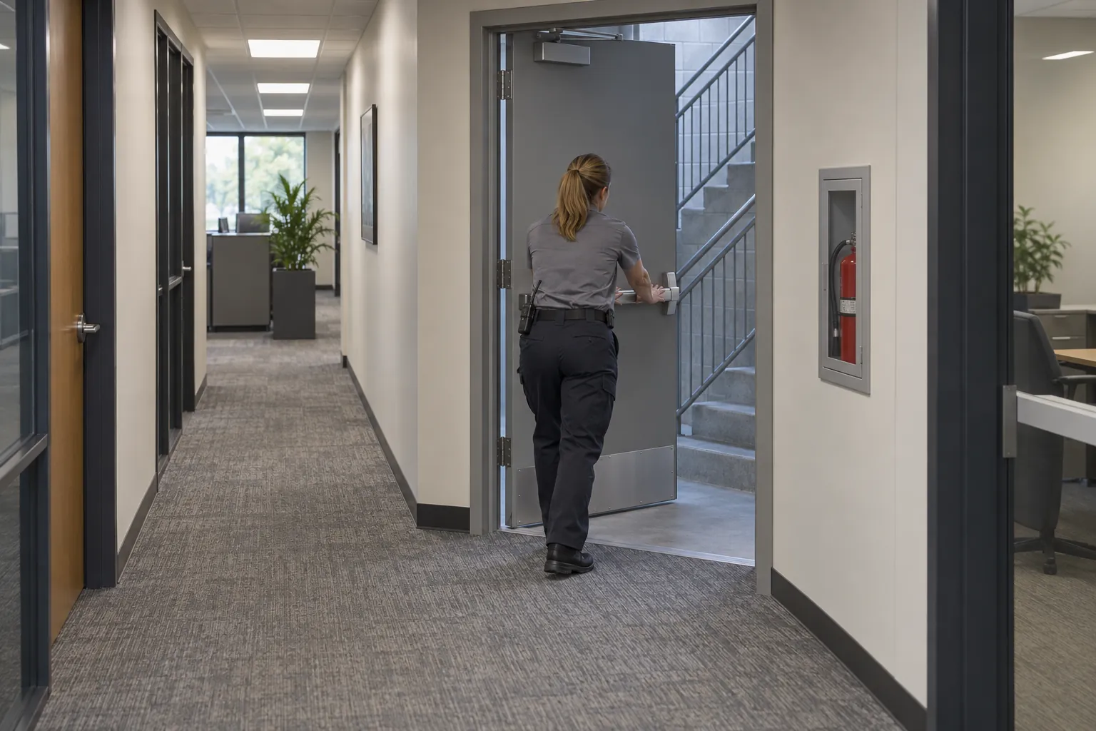 A building engineer opening a stairwell exit door at the end of a clear office corridor.