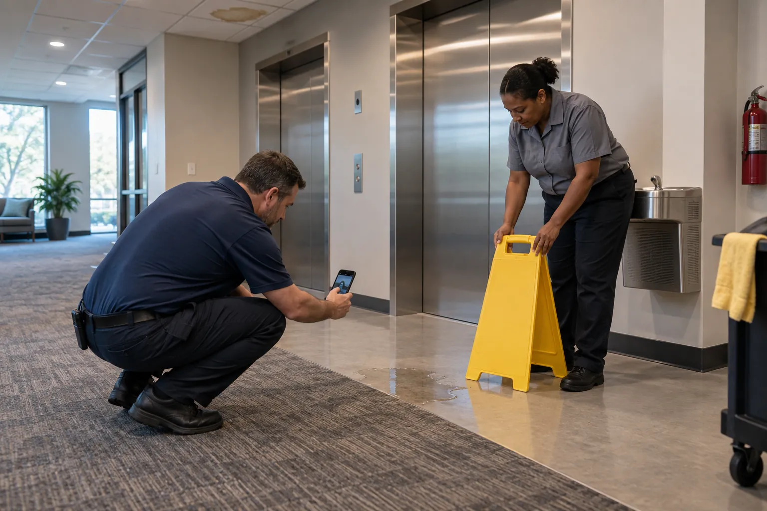 A janitorial supervisor photographing a small puddle under a stained ceiling tile while a custodian places a yellow wet floor sign beside it in an office elevator lobby.