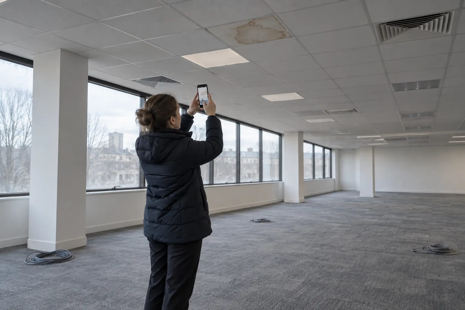 An inspector photographing a ceiling tile in an empty office.