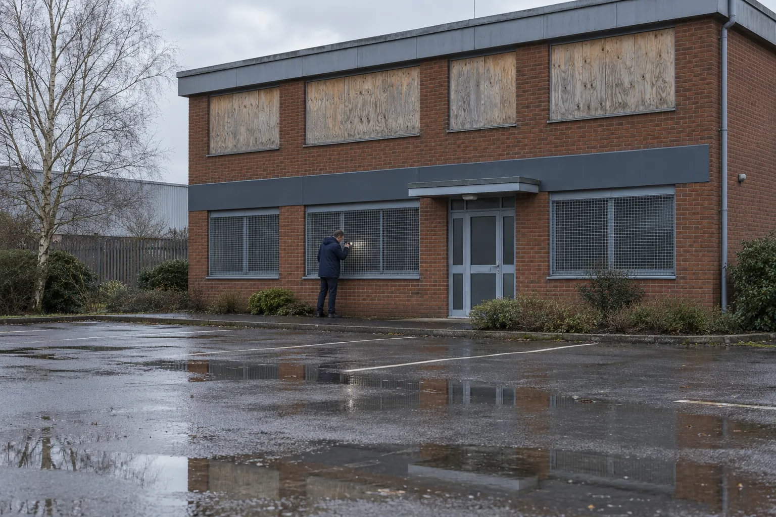 An inspector checking a security screen on an empty commercial building on an overcast afternoon.
