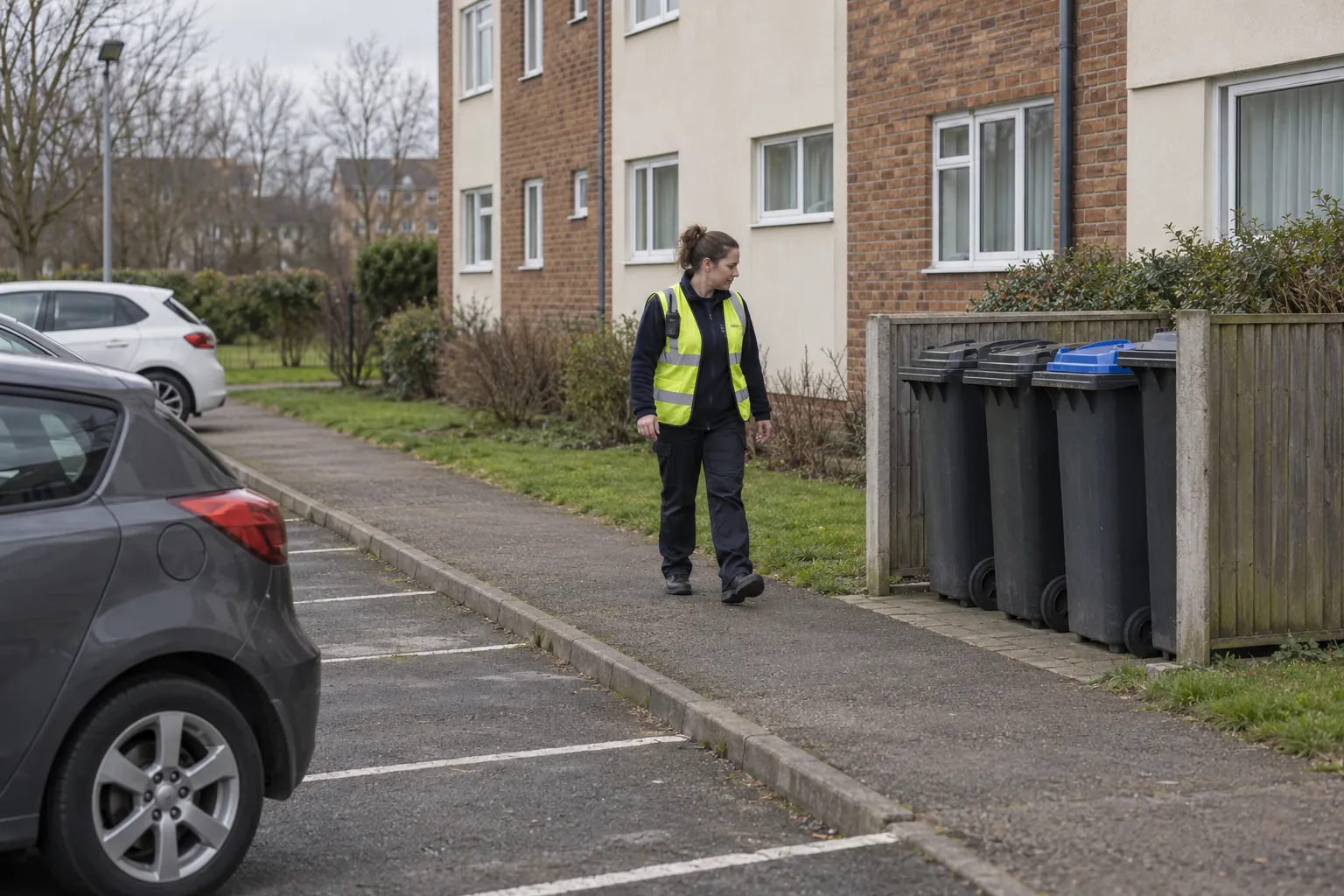 A patrol officer in a high-visibility vest checking the outside of a block of flats beside the bin area.