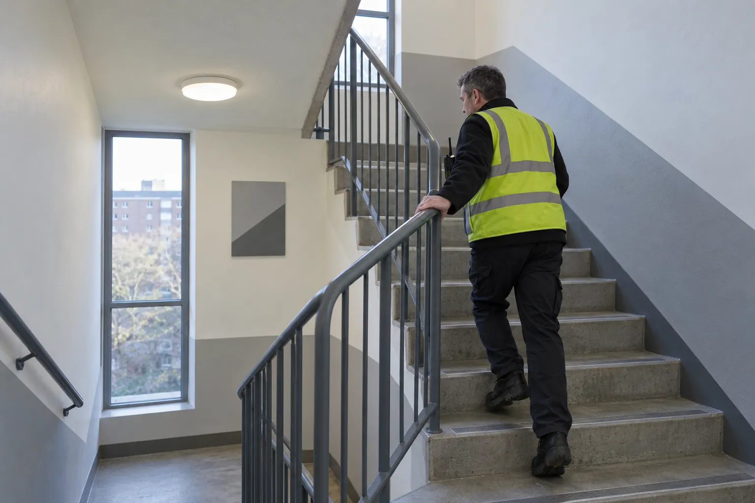 A patrol officer in a high-visibility vest walking up the stairs of a block of flats.