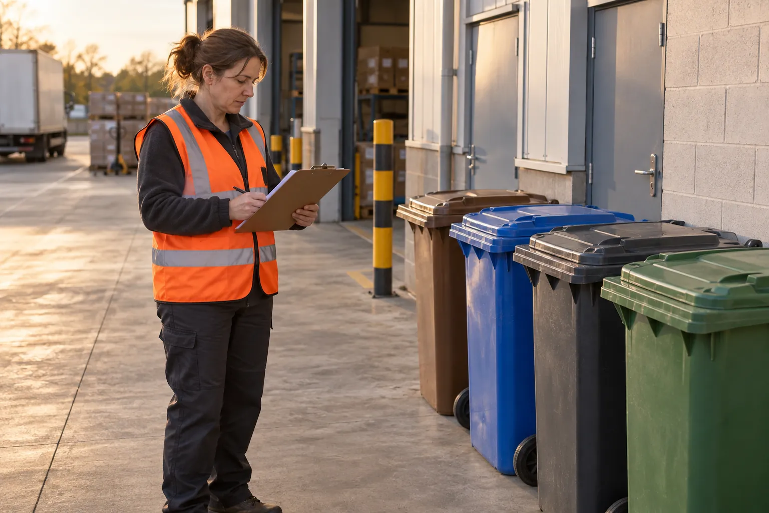 A supervisor checking a tidy warehouse waste station with closed bins.