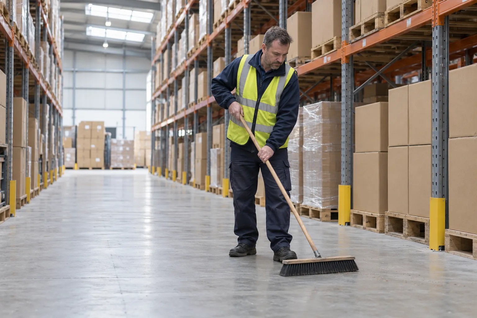 A warehouse cleaner sweeping a concrete aisle beside pallet racking.