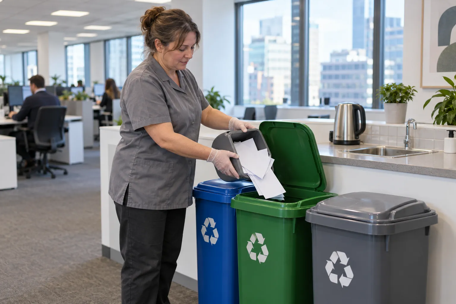 A cleaner emptying paper from a desk caddy into one of three separate recycling bins at an office tea point.
