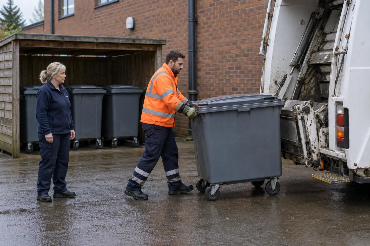 A waste collection operative wheeling a large commercial bin towards a refuse lorry as a caretaker looks on in an office service yard.