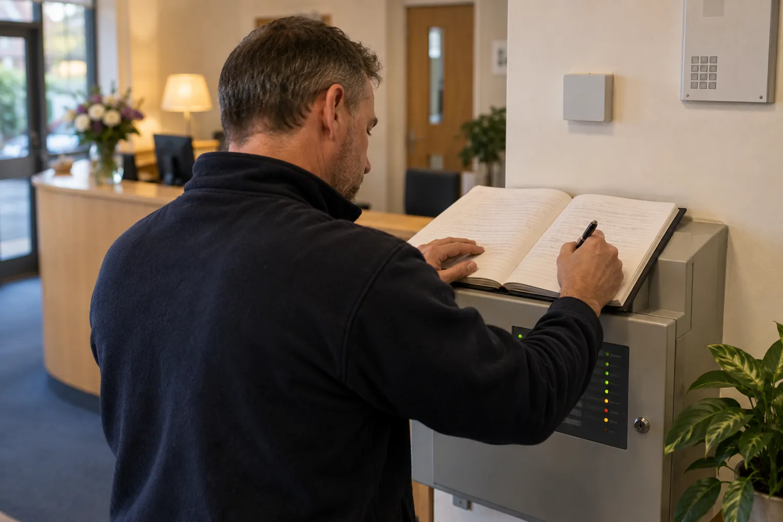 A site manager writing in a log book on top of a fire alarm panel.