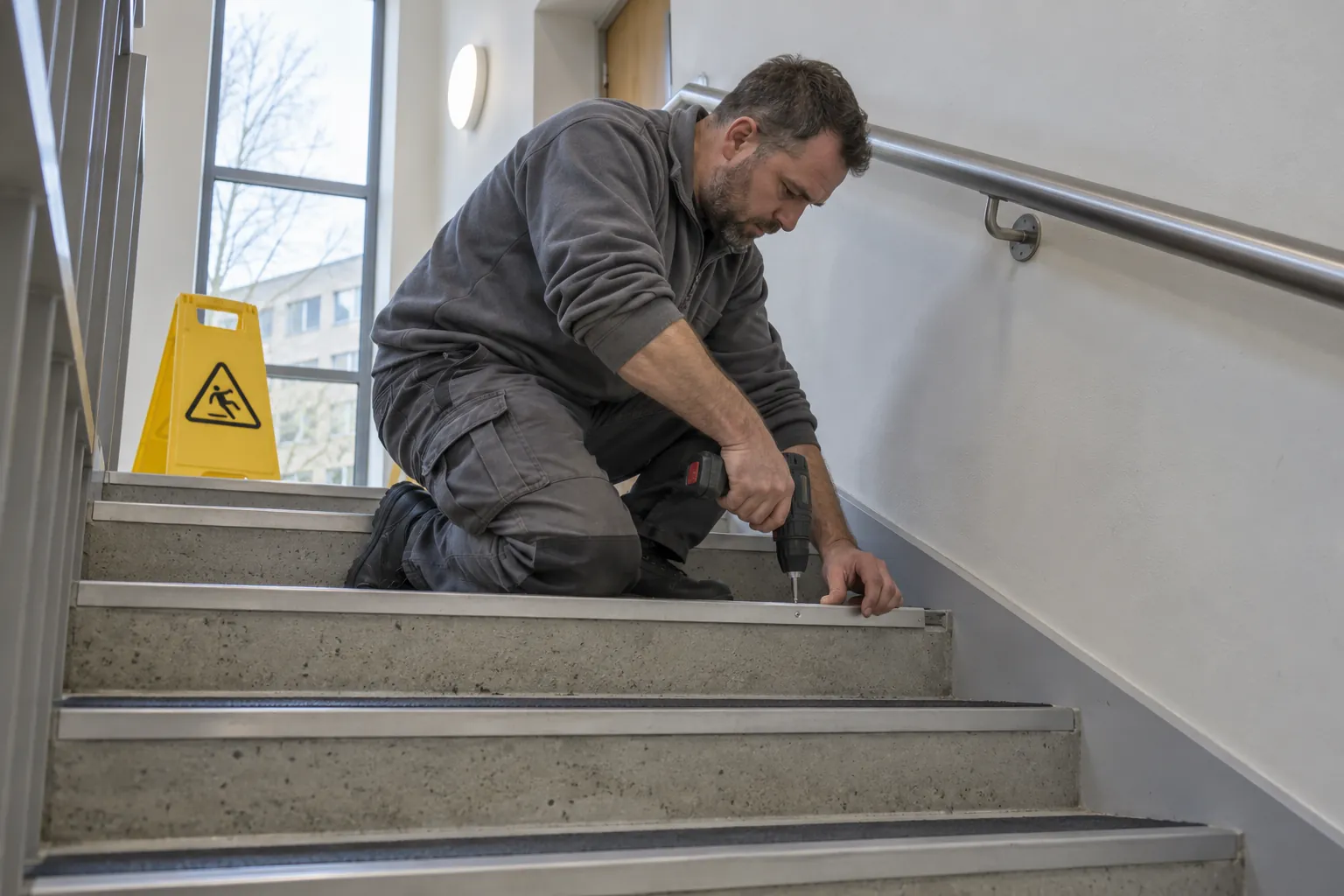 A maintenance technician repairing a stair tread in a college stairwell, with a warning stand on the landing.