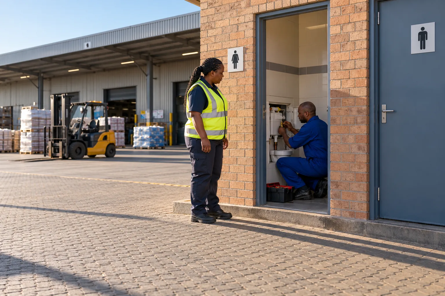 A cleaning supervisor and a technician at the entrance of an ablution block beside the loading bays of a distribution centre.