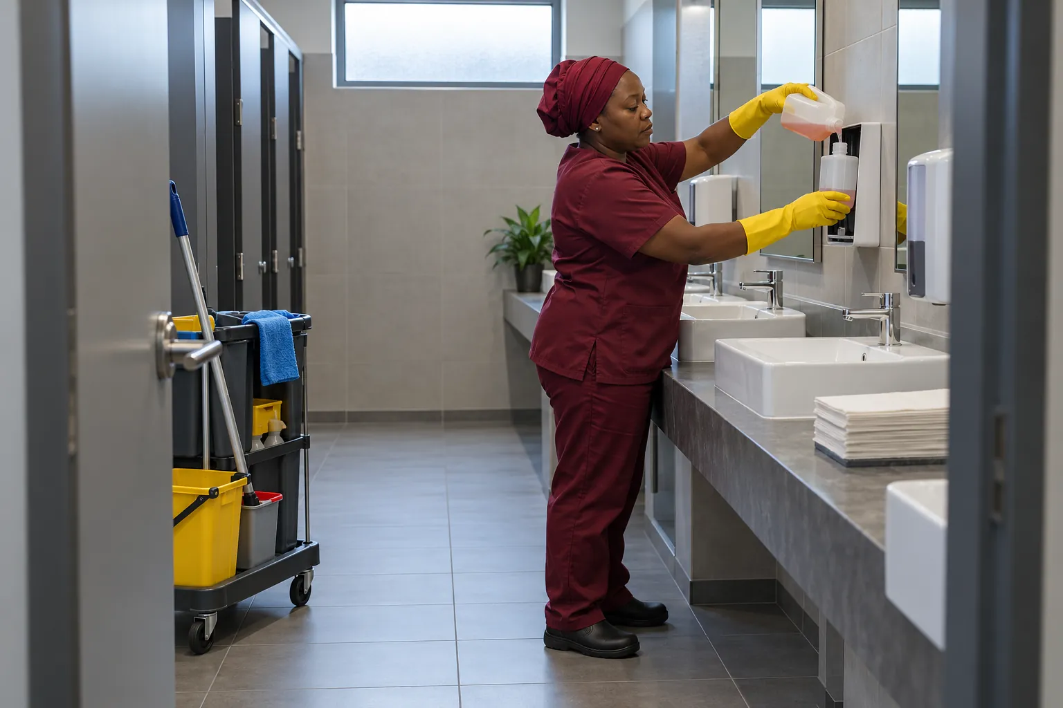 A cleaner in a maroon overall refilling a soap dispenser above a row of washbasins in an office ablution.