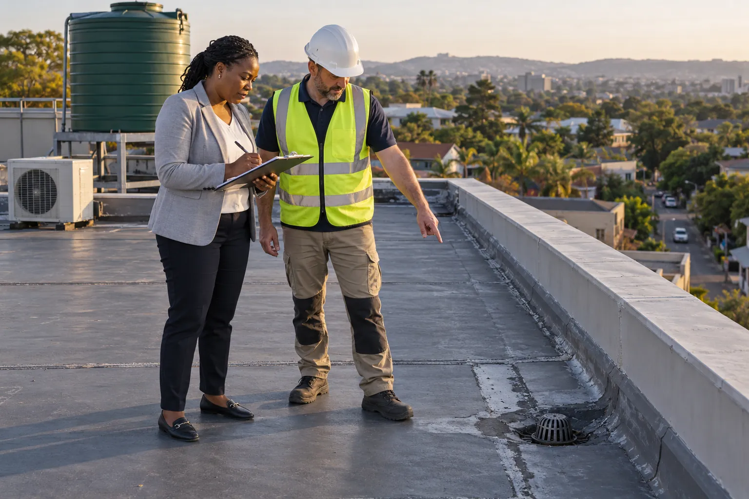 A managing agent taking notes while a roofing contractor points out a gutter outlet on a flat office roof.