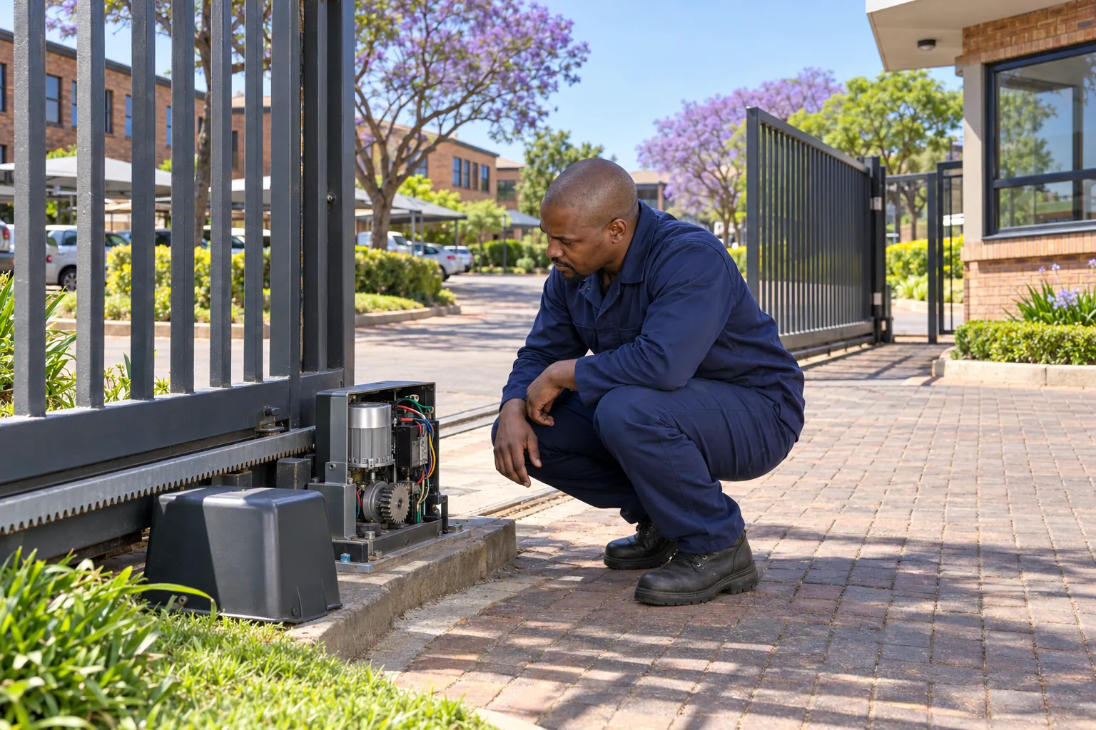 A caretaker in navy overalls checking the motor of a sliding palisade gate at the entrance of an office park.