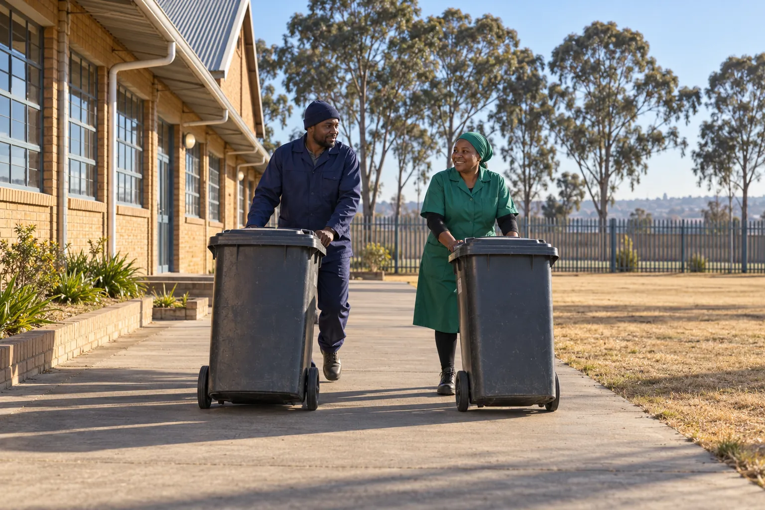 Two school caretakers wheeling refuse bins along a path beside a school hall early in the morning.
