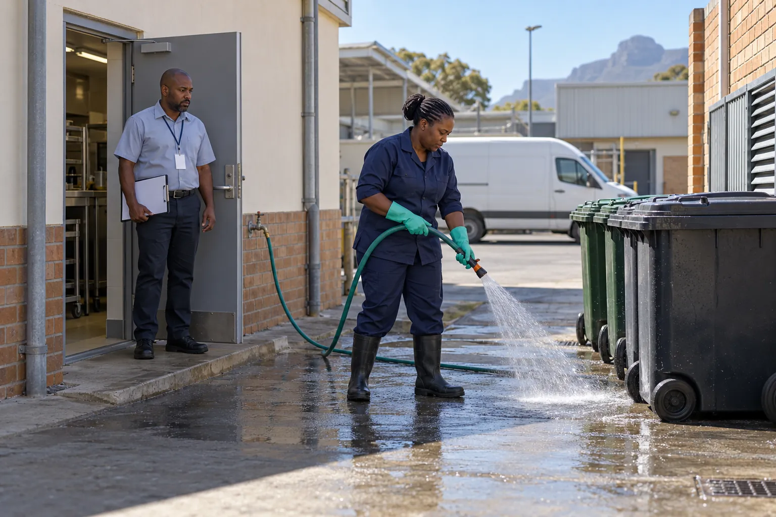 A cleaner hosing down a refuse area beside lidded bins behind a hospital kitchen as a facilities officer watches from the back door.
