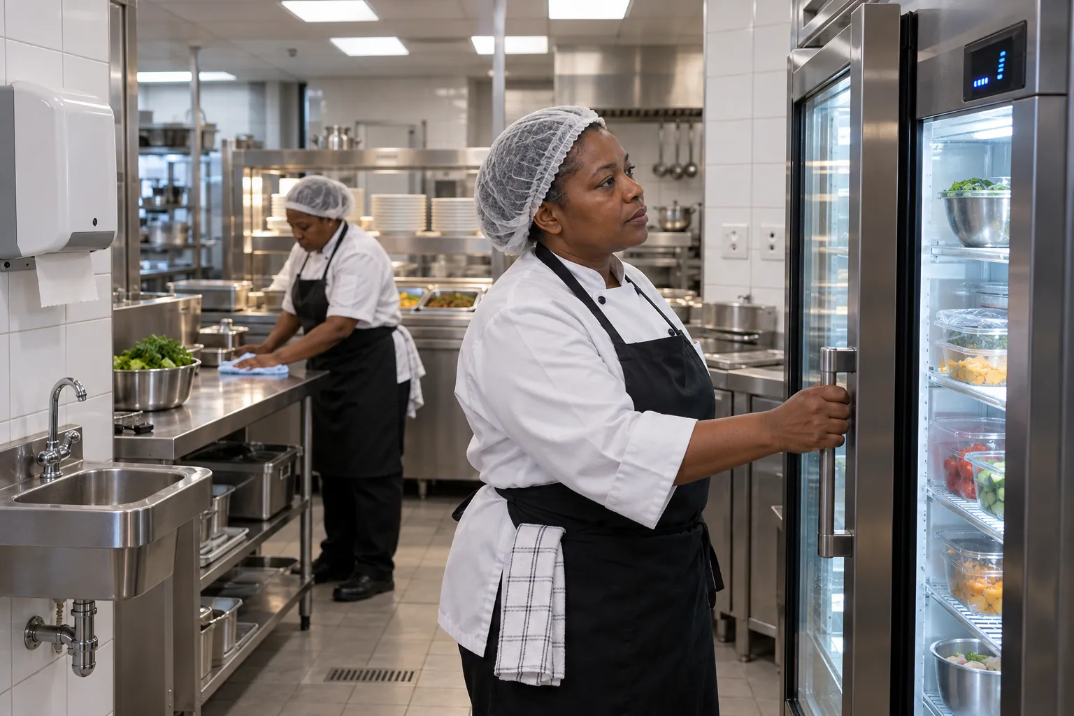 A canteen supervisor in a hairnet checking the temperature display on a display fridge while a cook wipes a steel counter behind her.