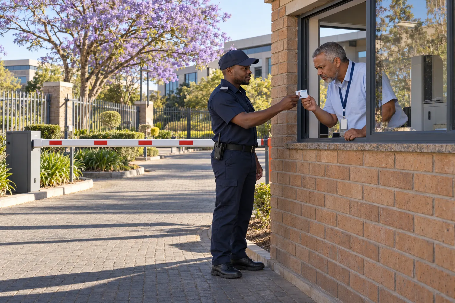 A security officer at a guardhouse window showing a photo identity card to a building manager beside a lowered boom gate.