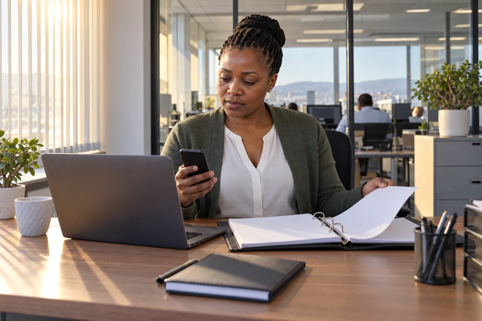 A facilities manager at her office desk checking her phone while turning the pages of a ring binder, with a laptop open beside her.