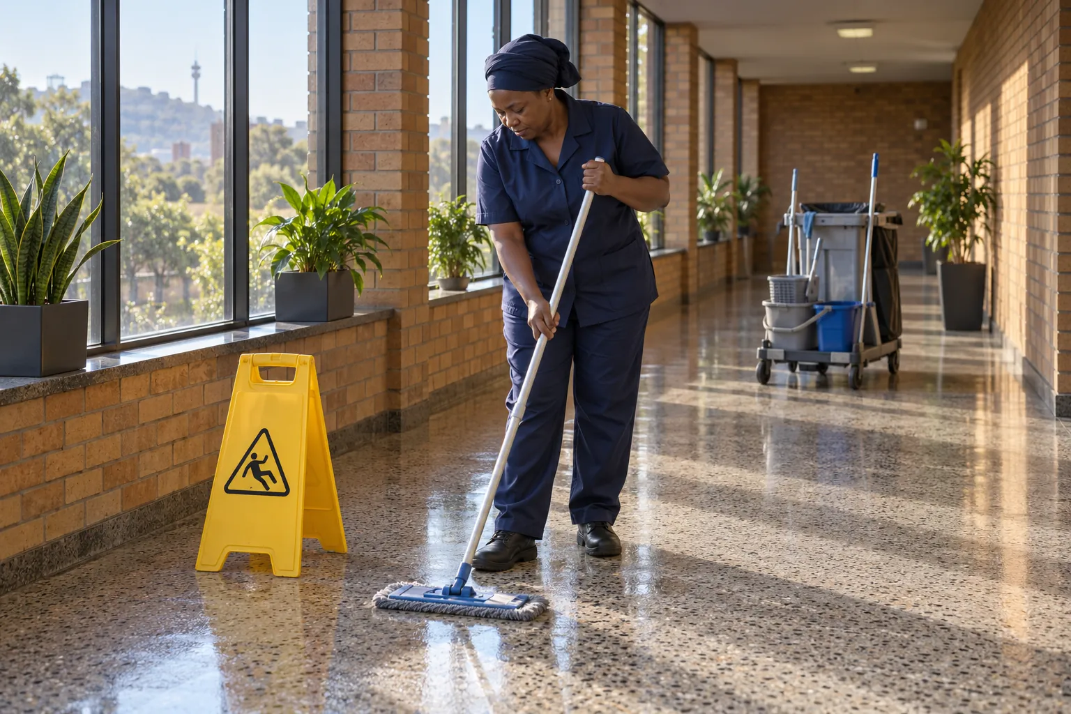 A cleaner in a navy work suit mopping the polished floor of an office passage beside a yellow wet-floor stand in early morning sun.