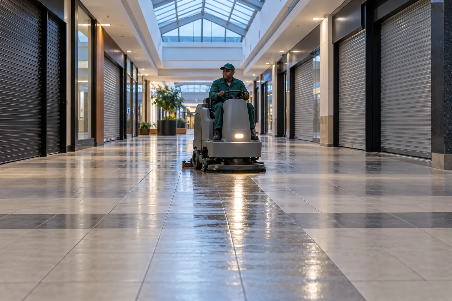 A cleaner in a green overall driving a ride-on scrubber-dryer along an empty shopping centre walkway before opening.
