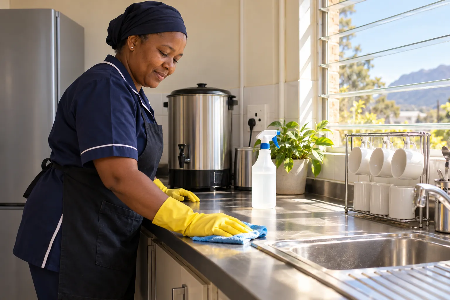A cleaner in yellow rubber gloves wiping a stainless-steel counter beside a hot-water urn in a school staff tea room.