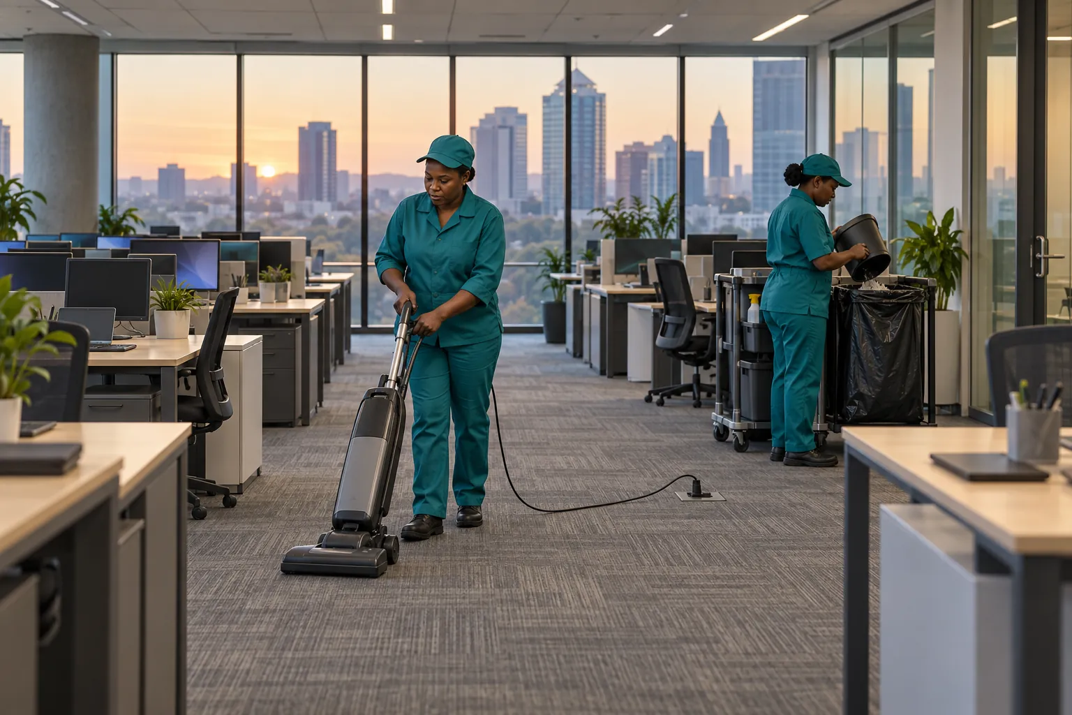 Two cleaners in teal overalls vacuuming a carpeted passage and emptying bins between empty desks in an open-plan office at dawn.
