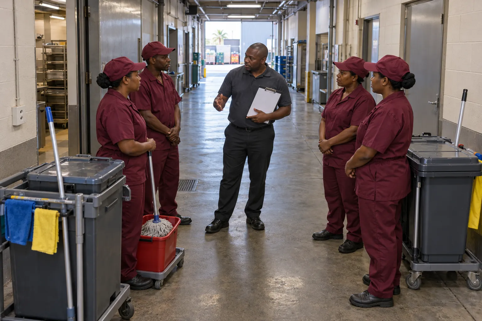 A cleaning supervisor with a clipboard briefing four cleaners in maroon overalls beside cleaning trolleys in a shopping centre service passage.