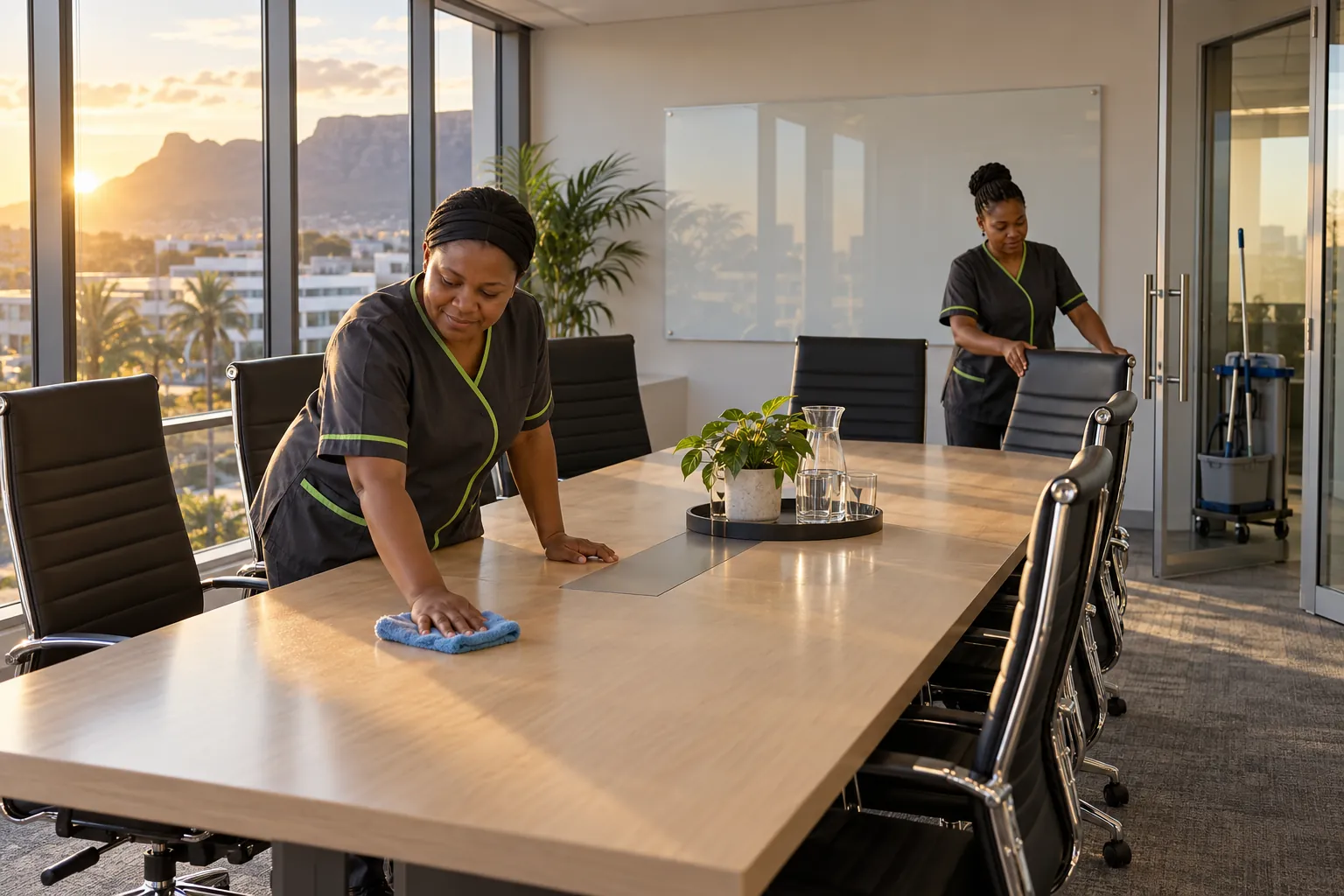 Two cleaners in charcoal tunics wiping a long boardroom table and straightening chairs in late-afternoon sun in an office boardroom.