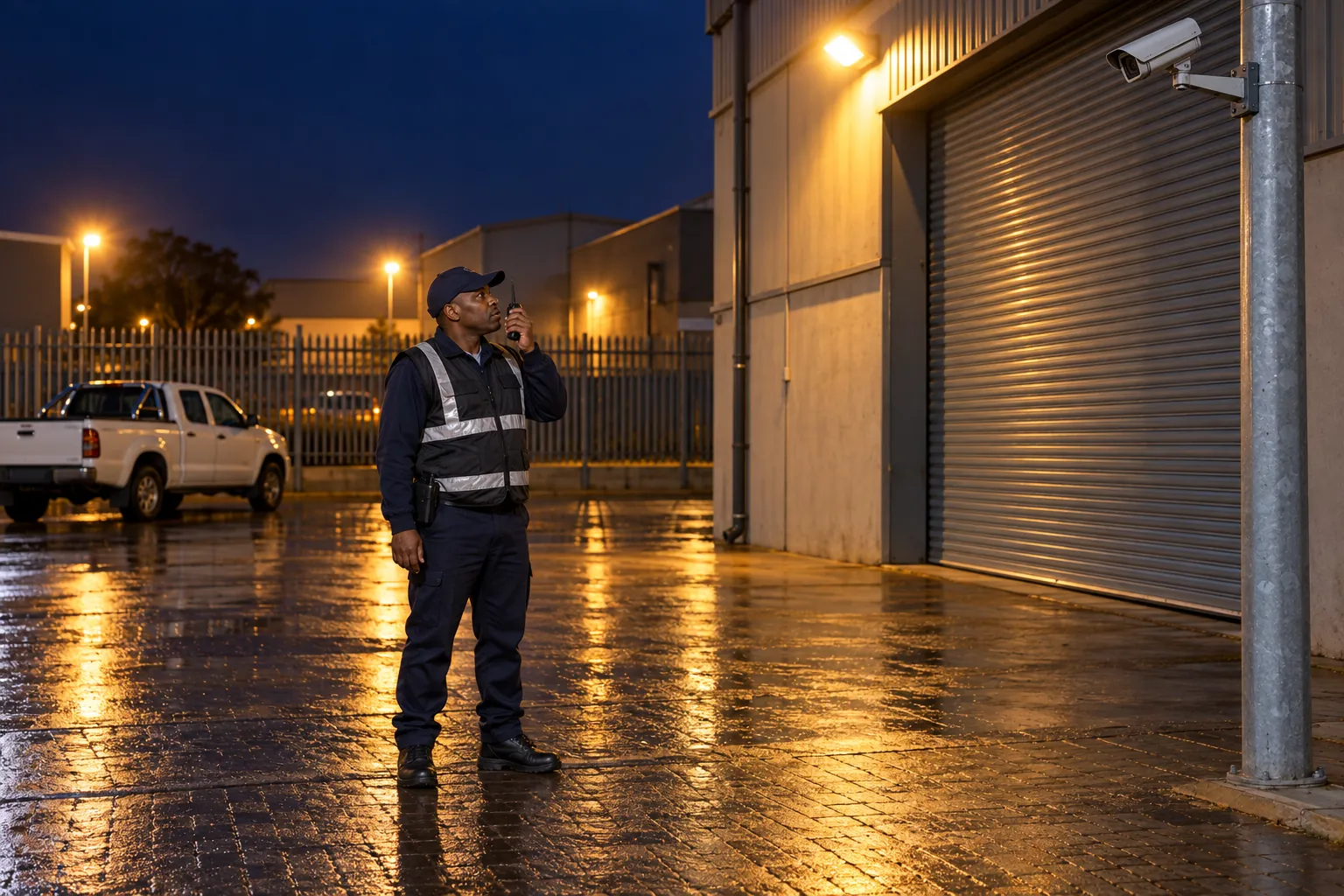 A security officer in a warehouse yard at night talks into a two-way radio while looking up at a CCTV camera on a pole.