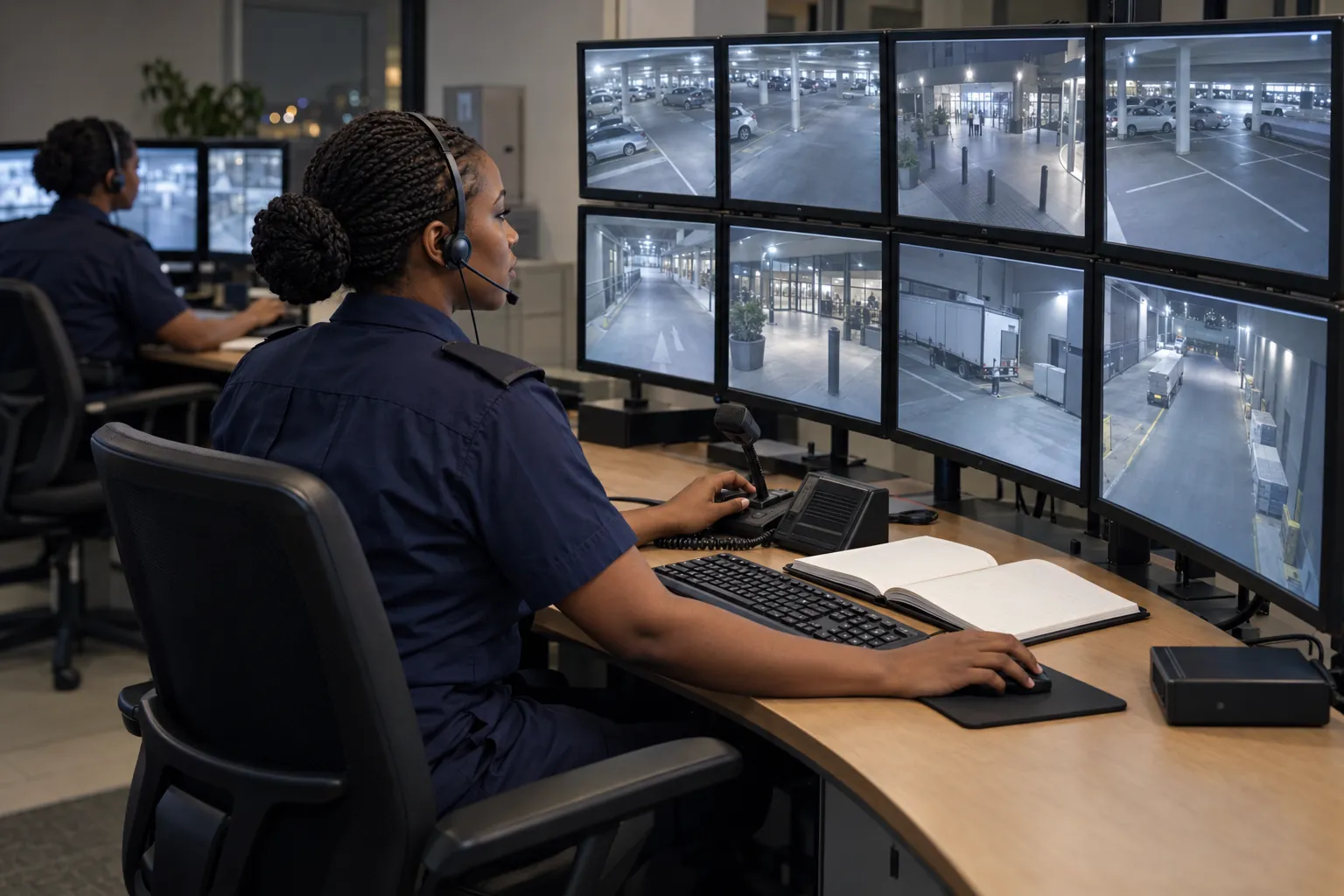 A control room operator at a desk watches a wall of CCTV monitors while holding a radio microphone, an open occurrence book beside her keyboard.