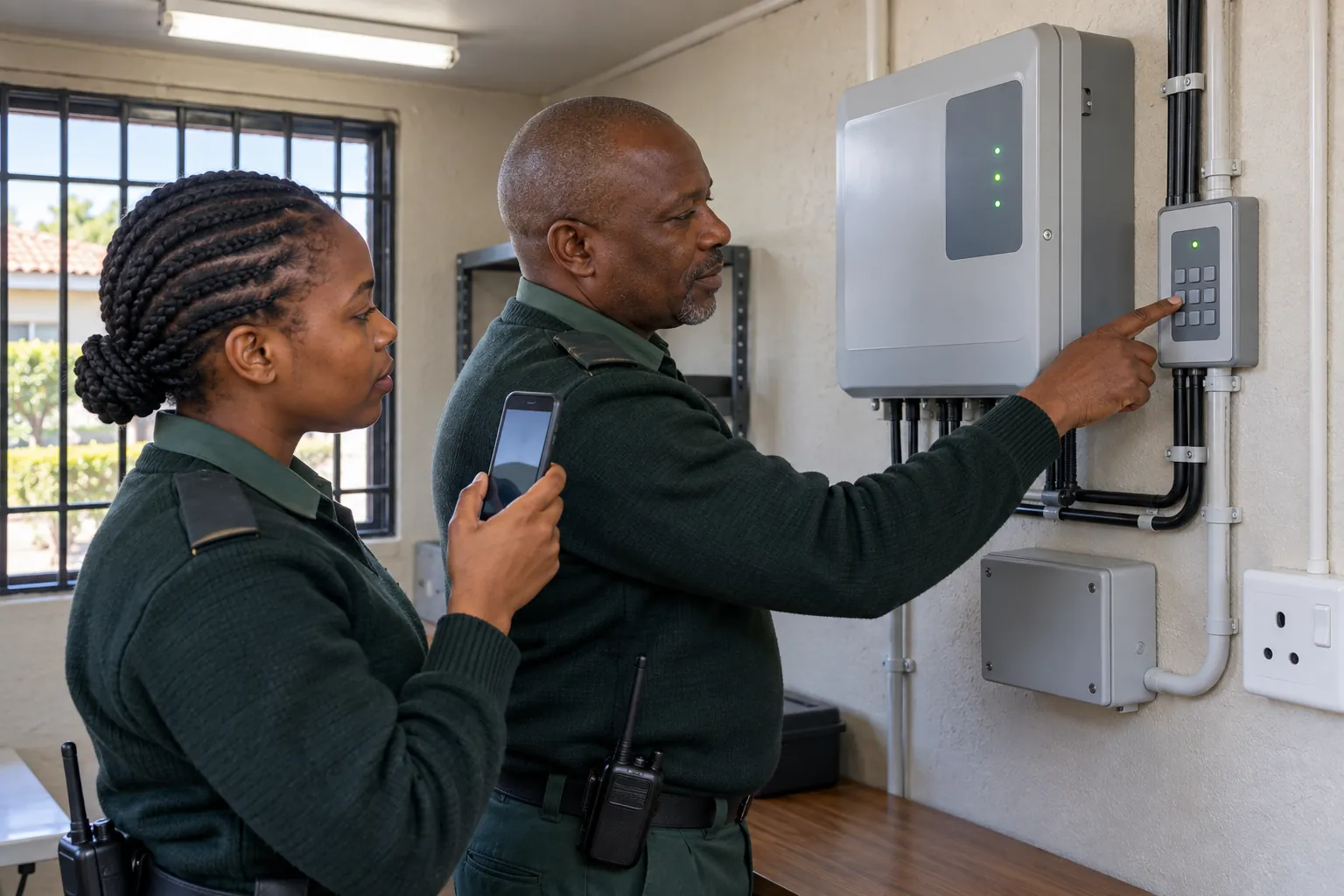 A security supervisor pointing at a wall-mounted fence energiser keypad while a younger officer holds a phone beside him.