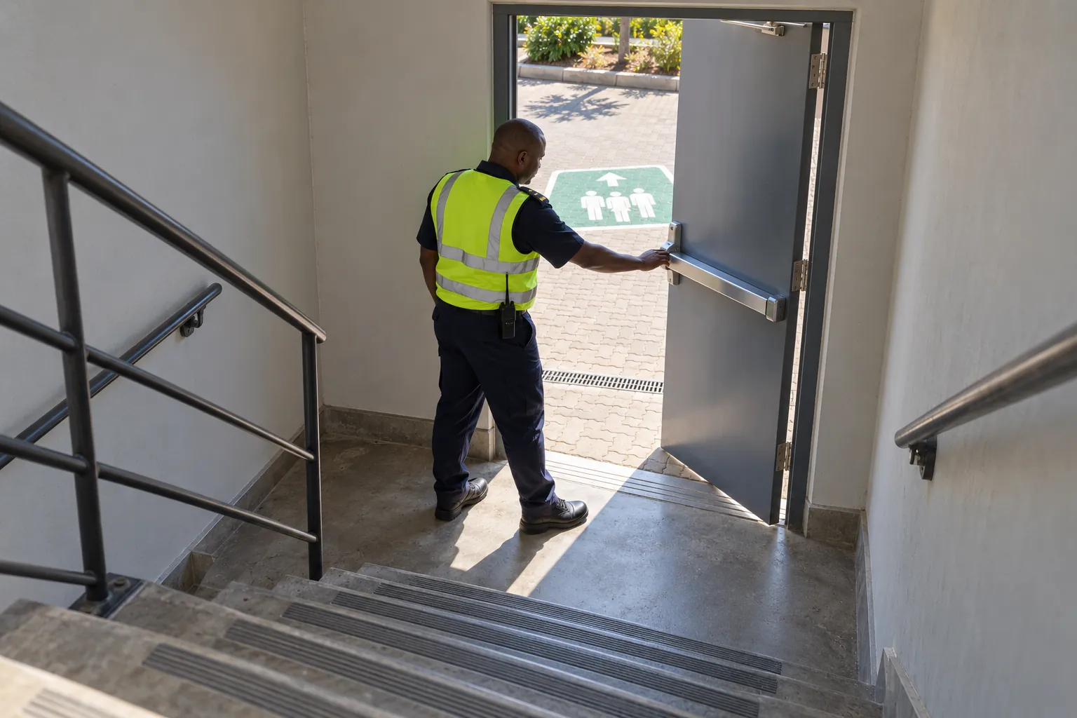 A security officer opening a final exit door at the foot of a stairwell onto a sunny yard with an assembly point marker.