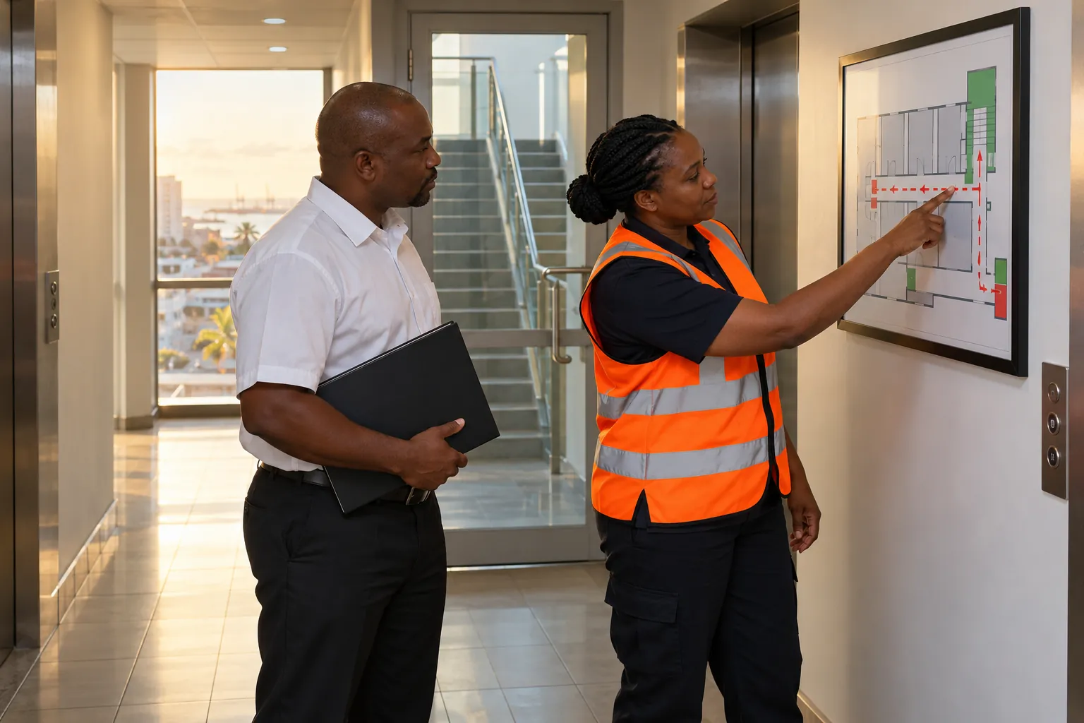 A facilities manager and a fire marshal in an orange vest studying an evacuation floor plan beside a lift lobby.