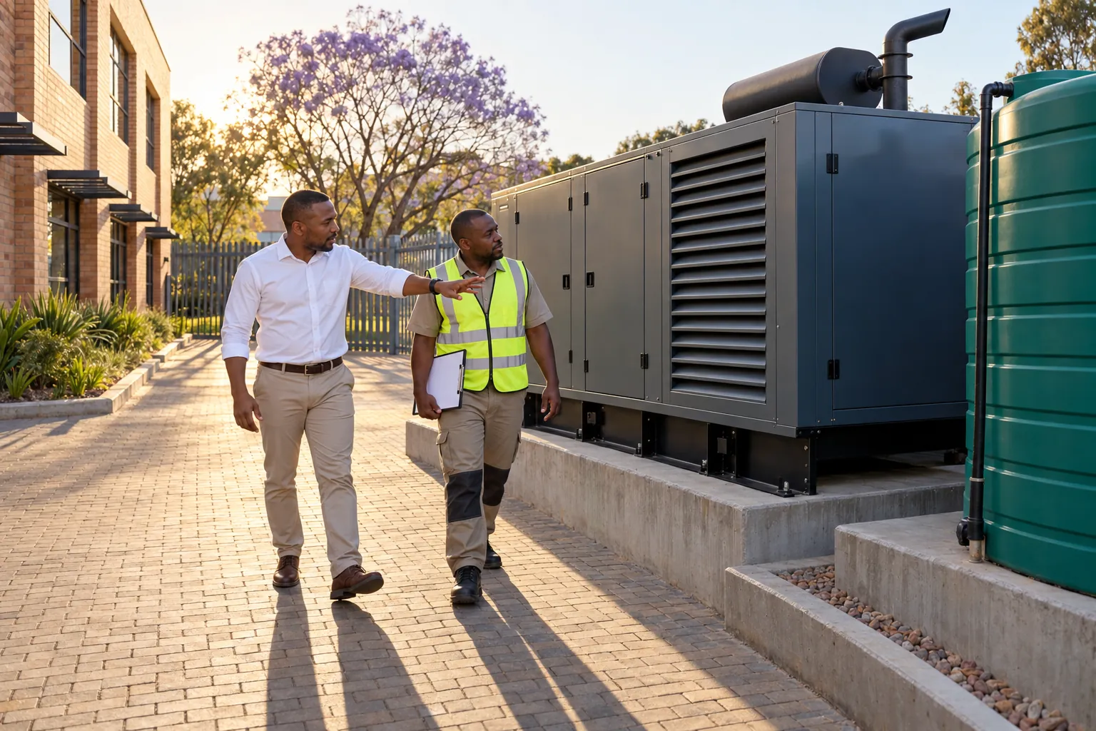 A facilities manager and a caretaker walking past a standby generator enclosure and a water storage tank behind an office park.