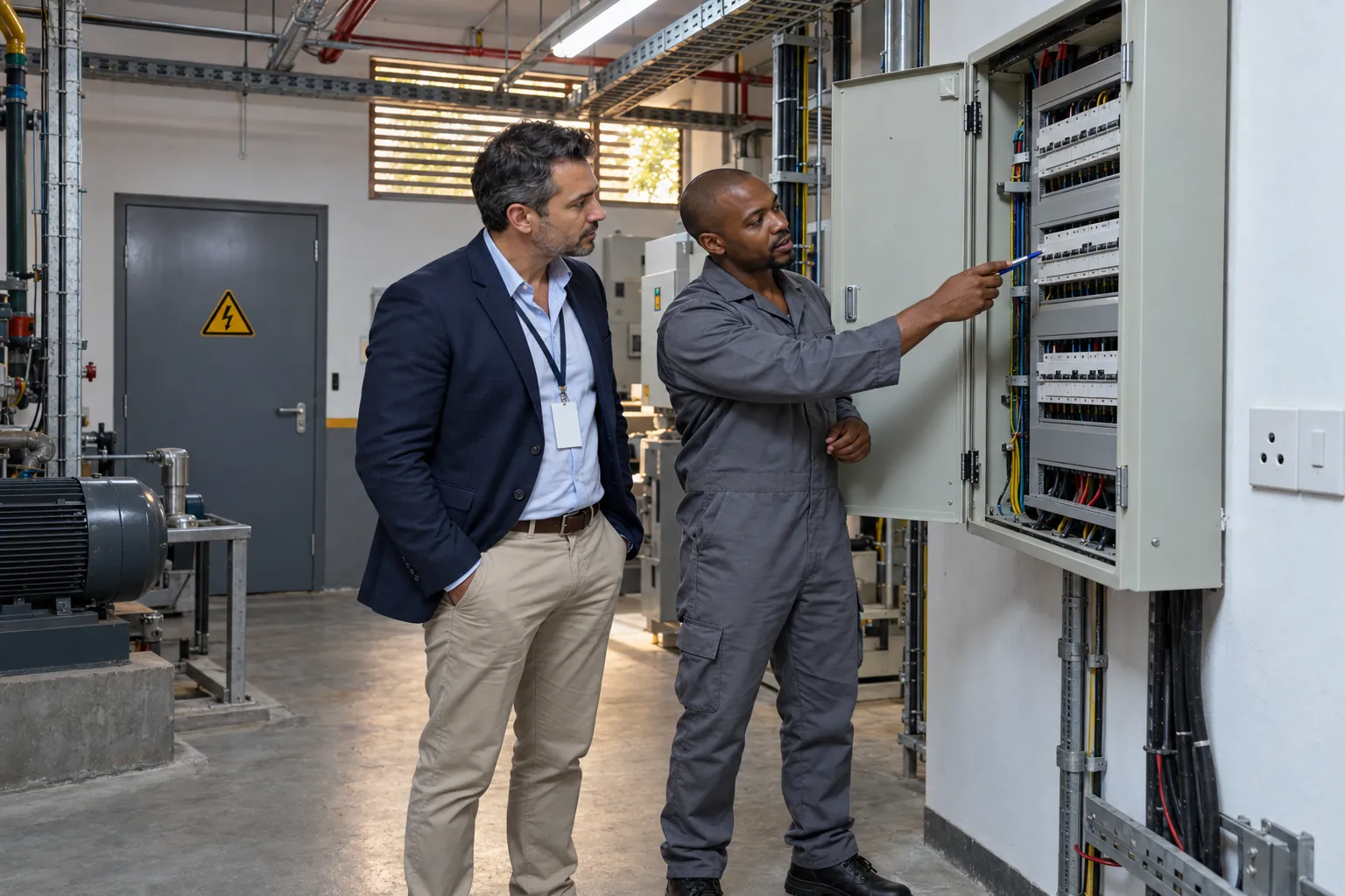 A facilities manager and an electrician looking at an open electrical distribution board in an office plant room.