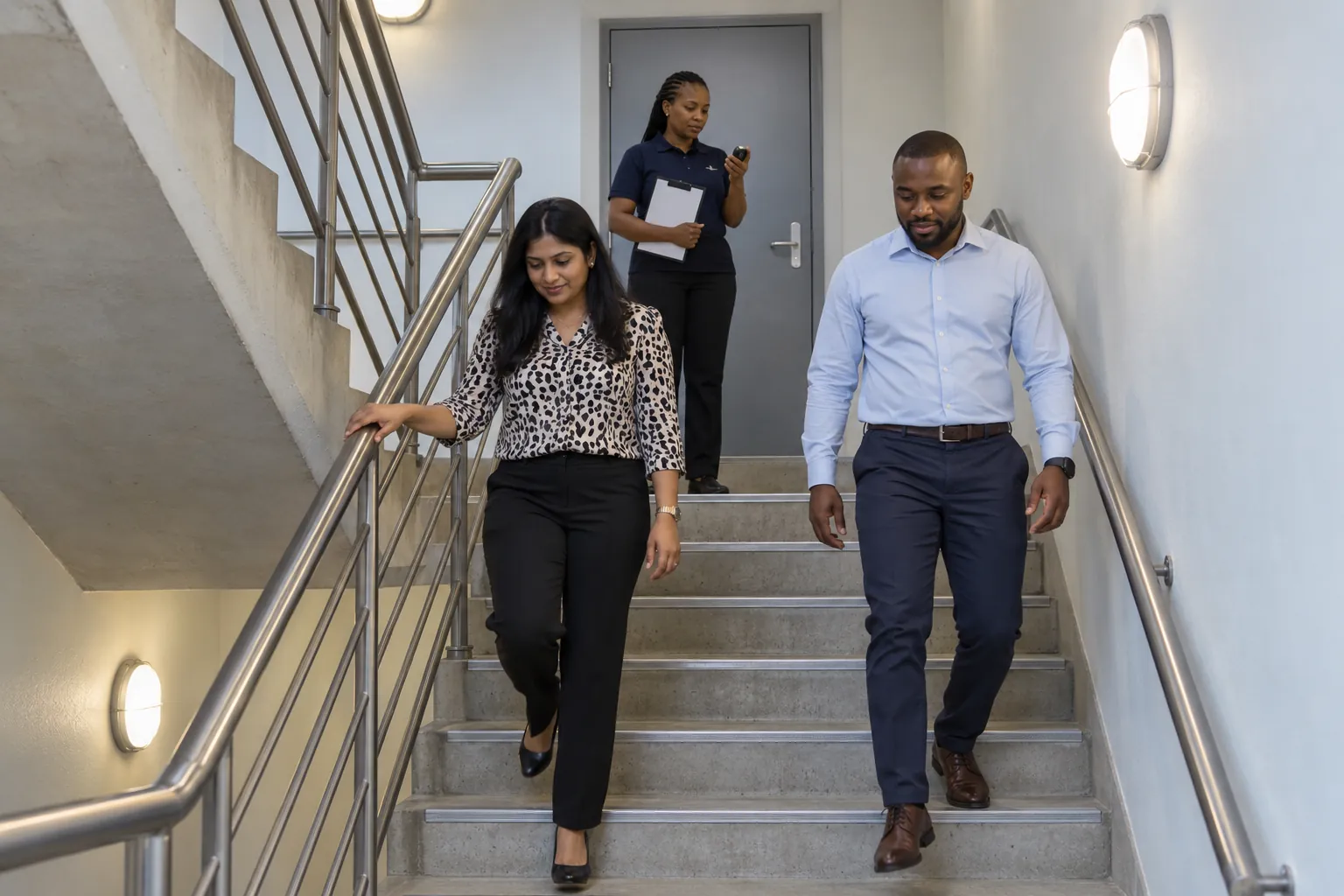 A facilities officer timing people walking down a fire escape stairwell and noting it on a clipboard.
