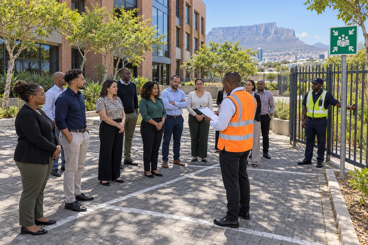 Office staff gathered at an outdoor assembly point while a fire marshal in an orange vest takes the roll call.