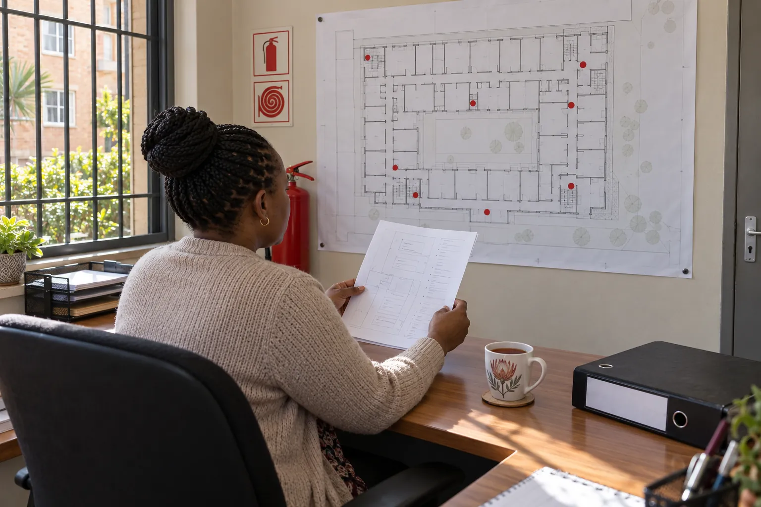 A building administrator at a desk comparing a printed list with a floor plan marked with red stickers.