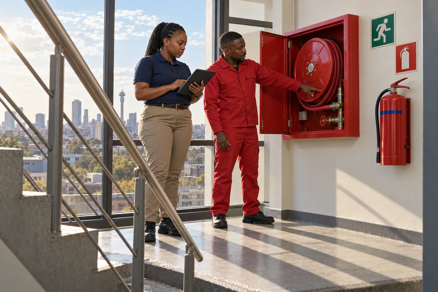 A facilities manager and a fire equipment technician checking a hose reel cabinet and extinguisher on an office stair landing.