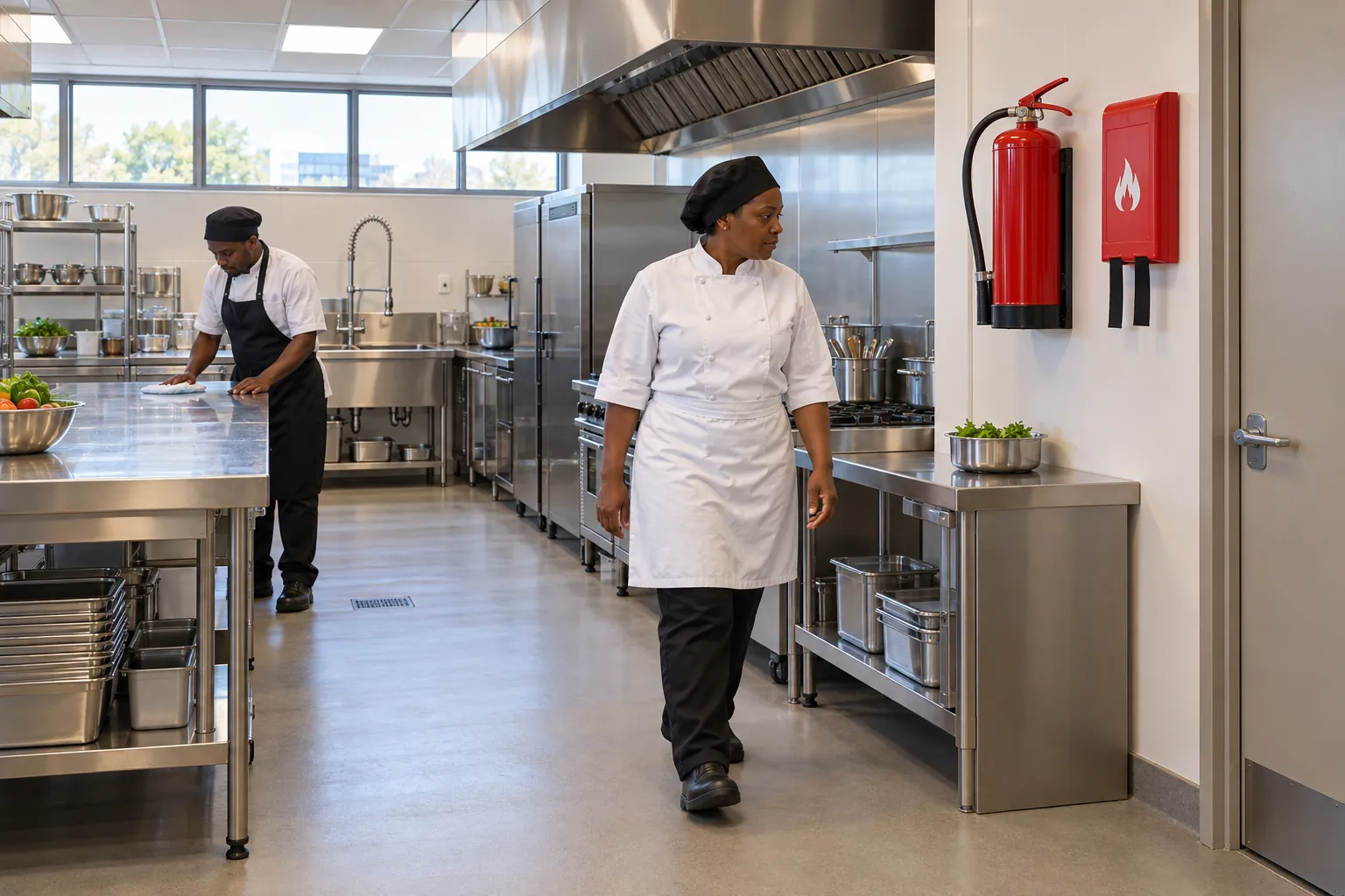 A catering supervisor walking past a wall-mounted fire extinguisher and fire blanket in a staff canteen kitchen.