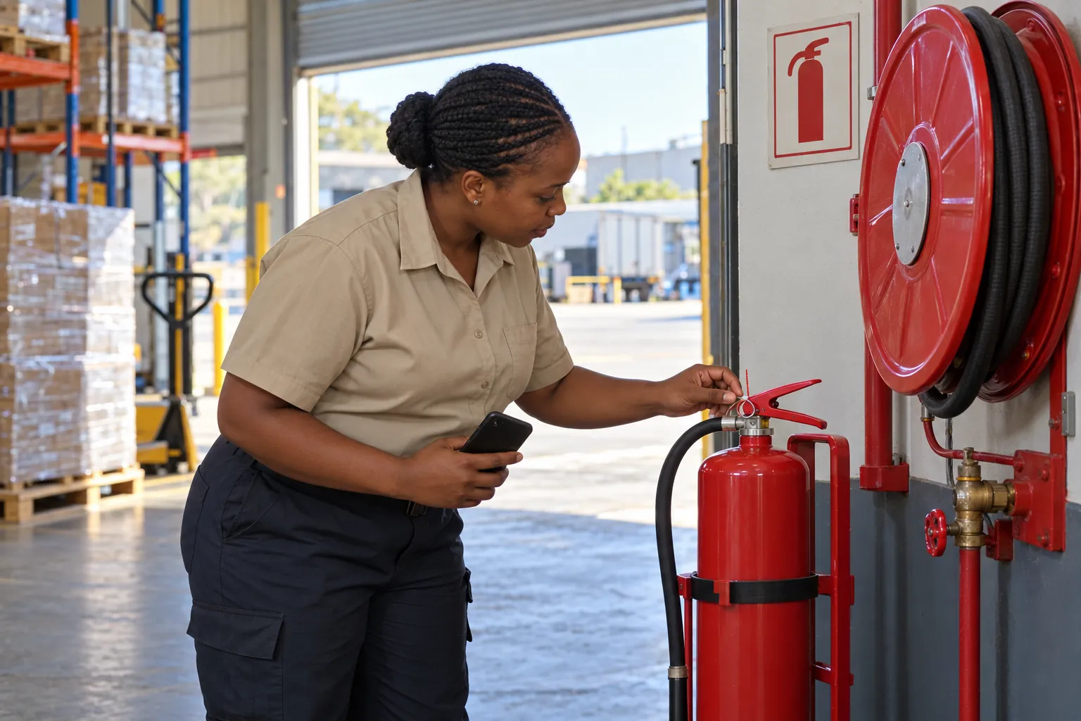 A facilities assistant checking the safety pin and seal of a fire extinguisher beside a hose reel in a warehouse loading bay.