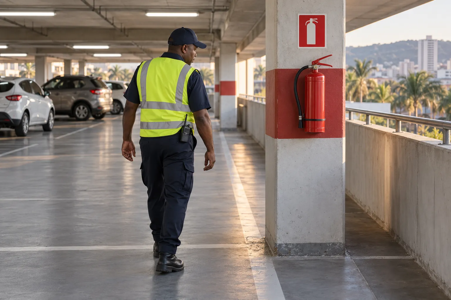 A security officer on patrol in a covered parking level glancing at a fire extinguisher mounted on a concrete pillar.