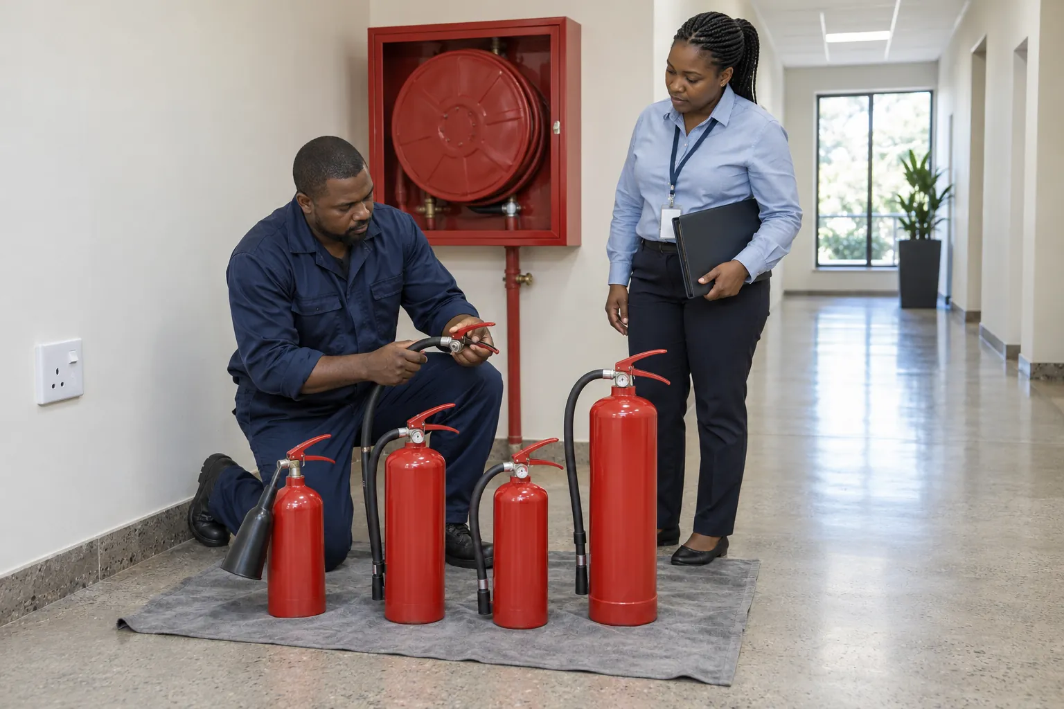 A fire equipment technician kneeling beside four different red fire extinguishers in an office corridor as a facilities officer looks on.