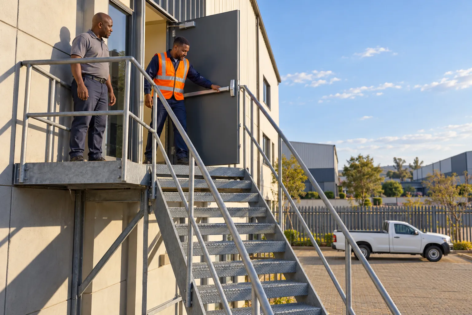 A fire marshal opening an escape door at the top of an outdoor fire escape staircase on a warehouse.