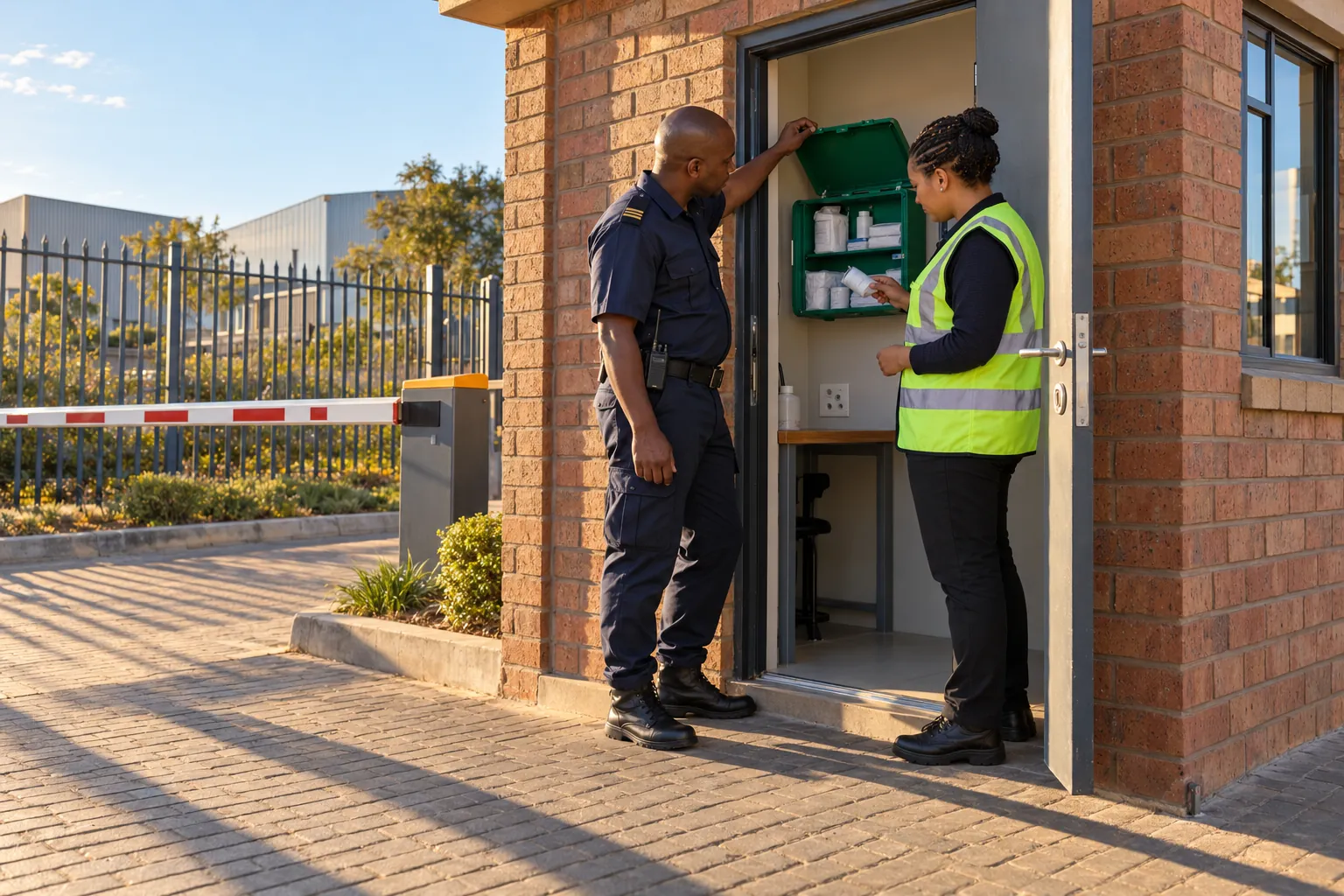 A security officer and a supervisor checking a first aid box inside a guardhouse beside a boom gate.
