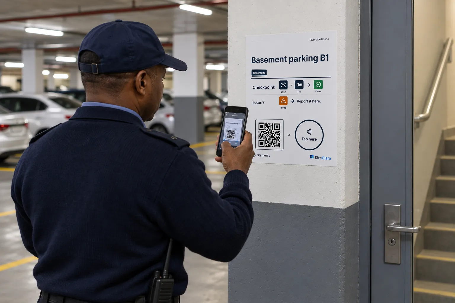 A security officer scanning a checkpoint poster on a concrete column in a basement parking garage.