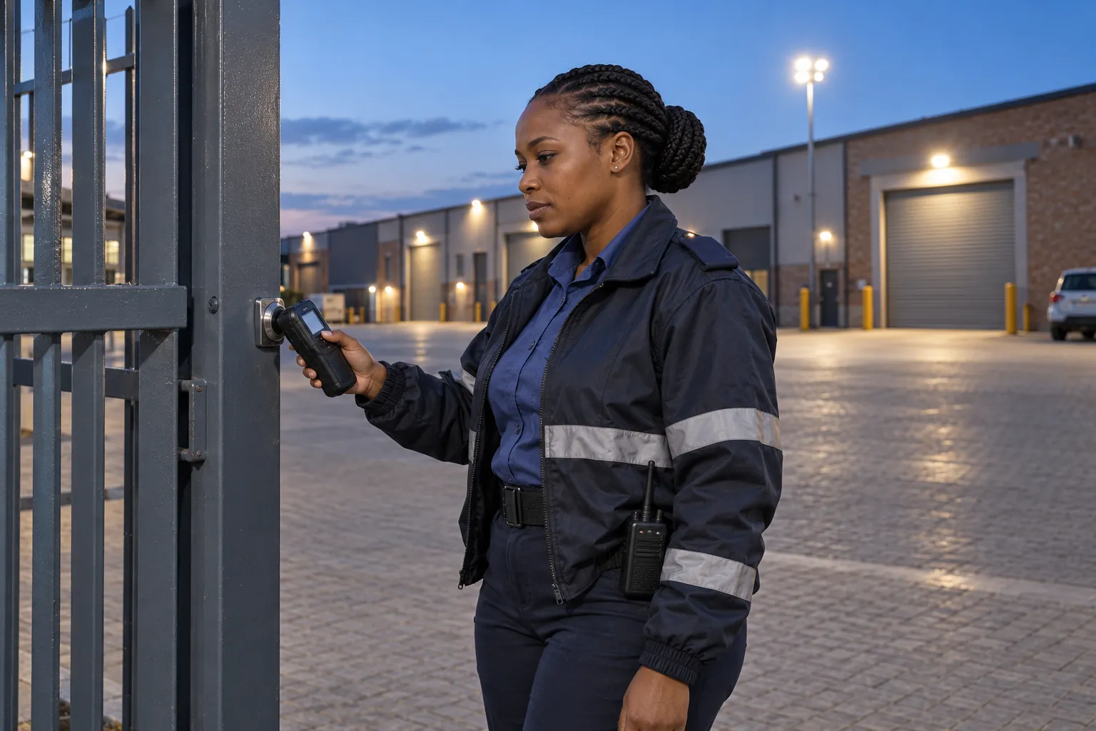 A security officer touches a handheld patrol reader to a metal checkpoint button on a post beside a palisade gate at dusk.